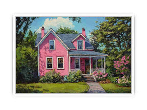 Pink cottage garden painting for cheerful farmhouse living room decor.