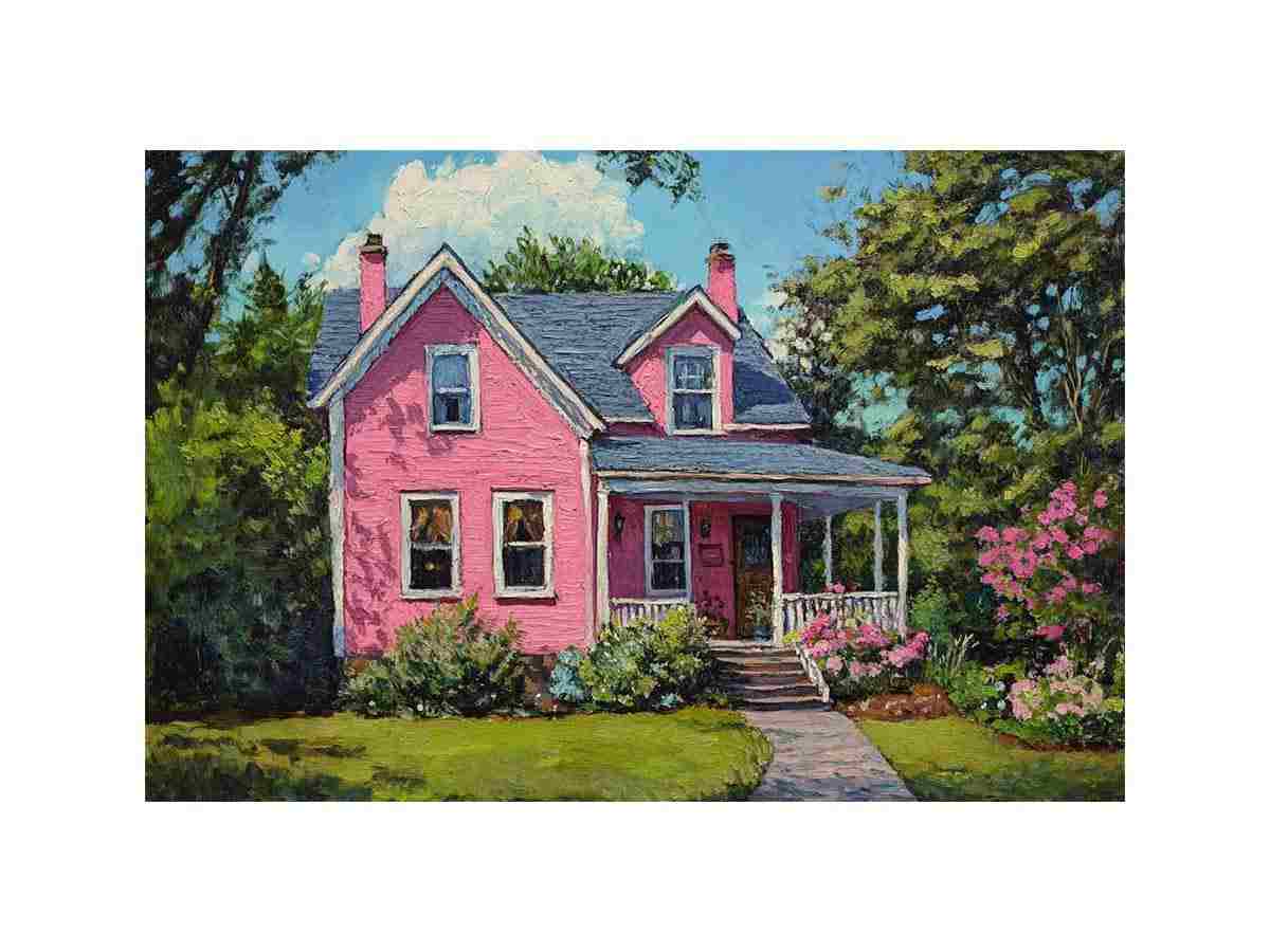Pink cottage garden painting for cheerful farmhouse living room decor.