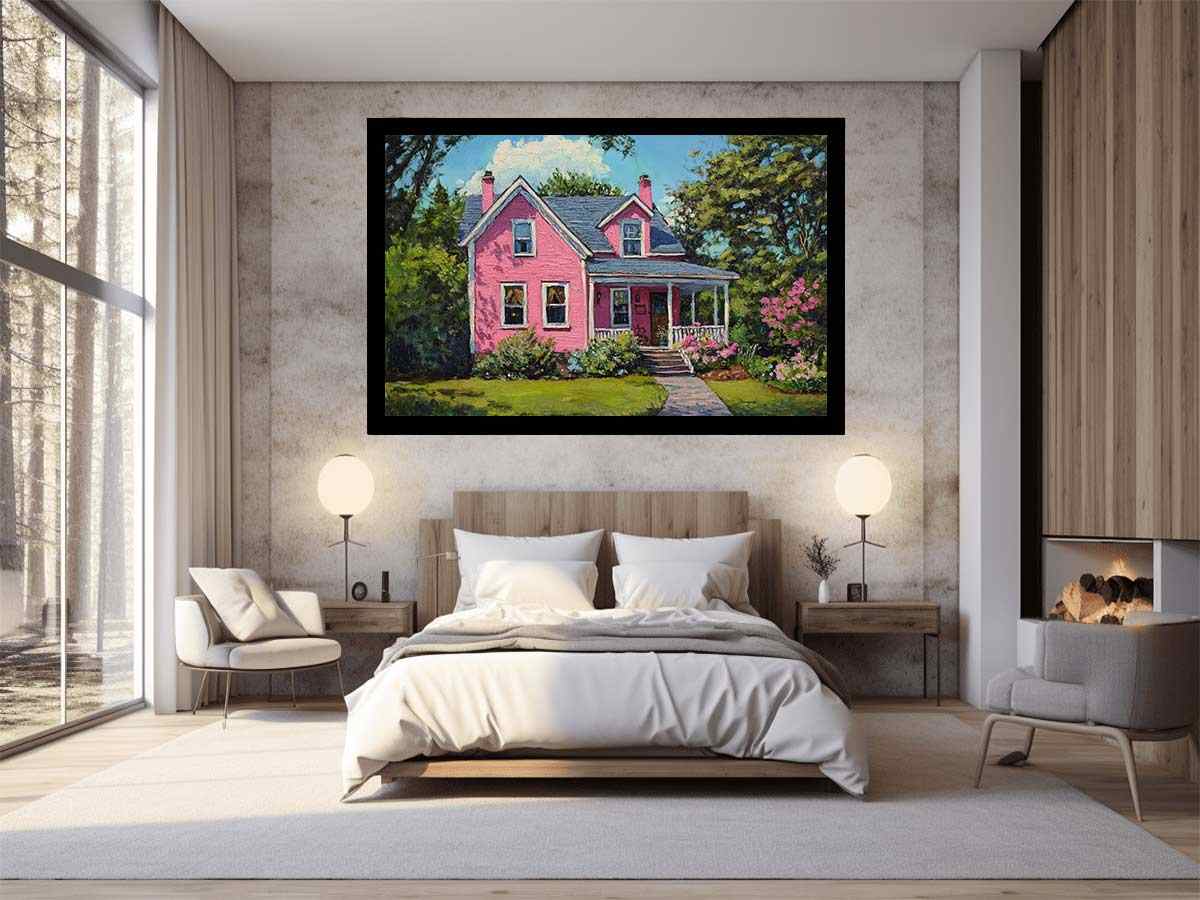 Pink cottage garden painting for cheerful farmhouse living room decor.