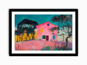 Bold pink villa painting with teal sky for eclectic modern wall decor.