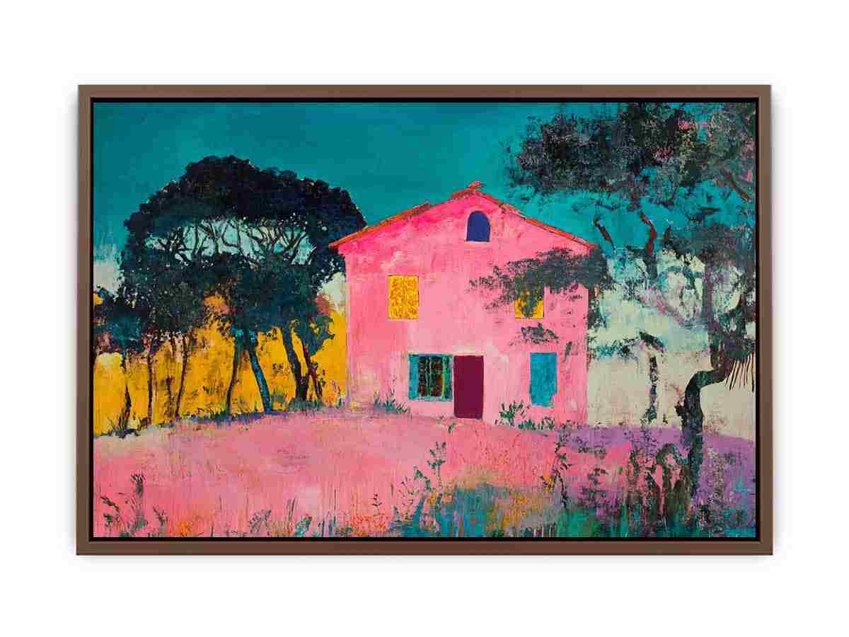 Bold pink villa painting with teal sky for eclectic modern wall decor.