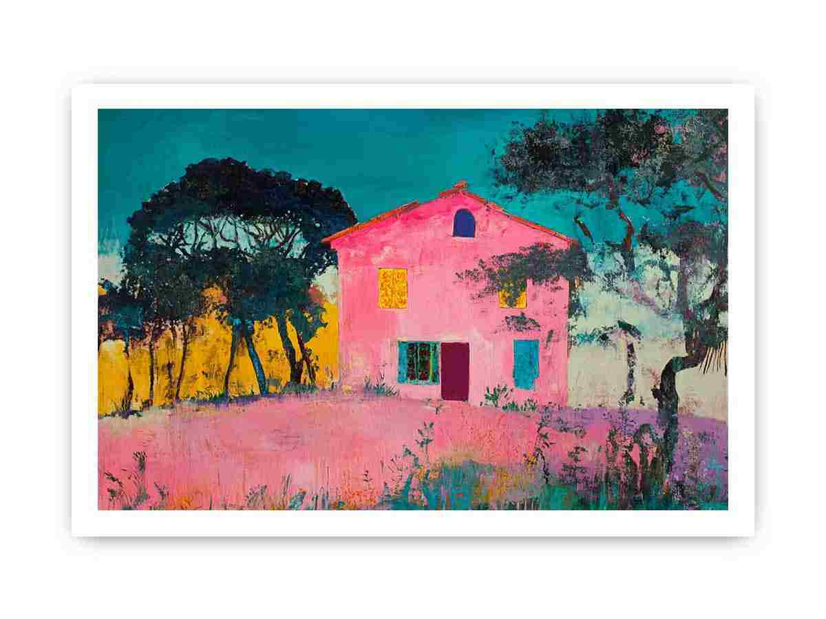 Bold pink villa painting with teal sky for eclectic modern wall decor.