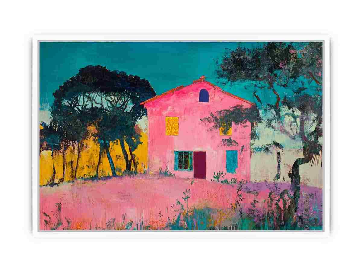 Bold pink villa painting with teal sky for eclectic modern wall decor.