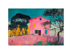 Bold pink villa painting with teal sky for eclectic modern wall decor.