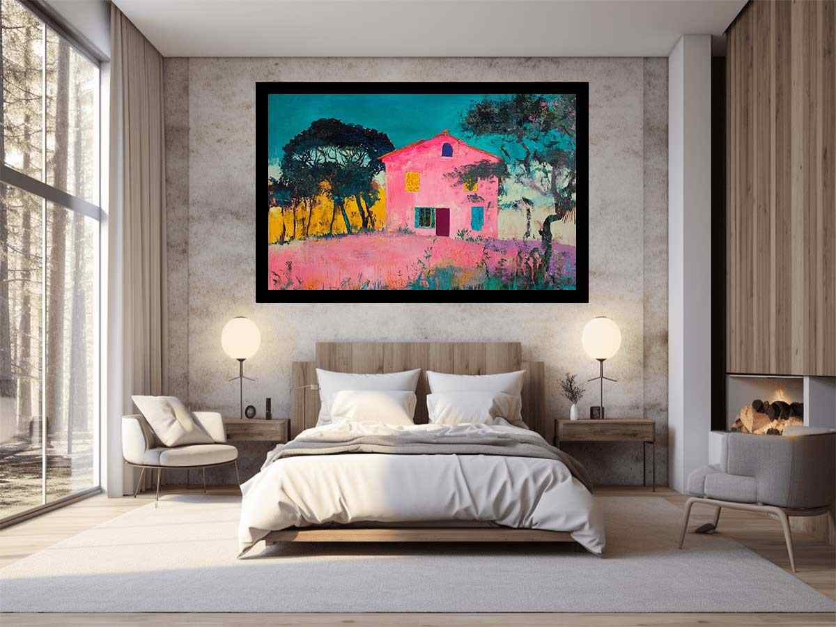 Bold pink villa painting with teal sky for eclectic modern wall decor.