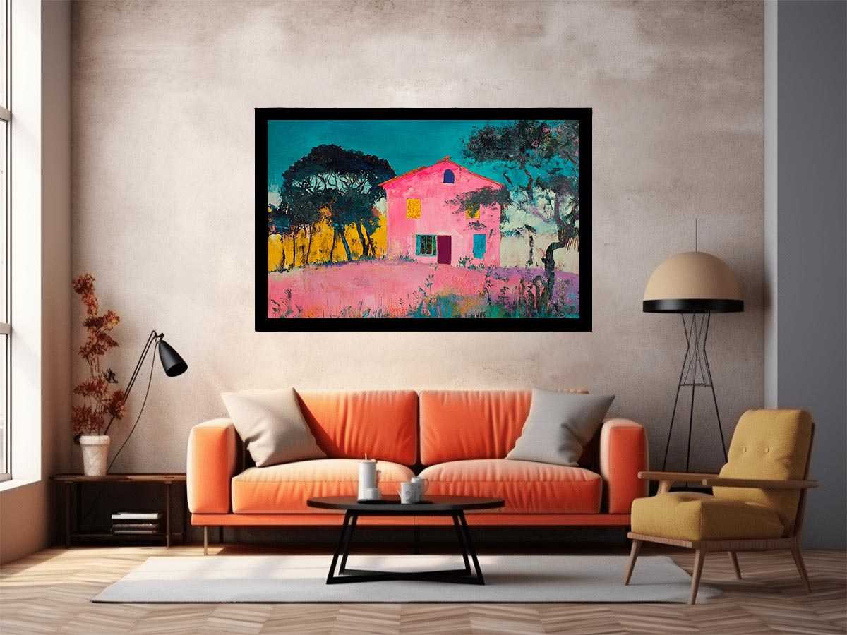 Bold pink villa painting with teal sky for eclectic modern wall decor.