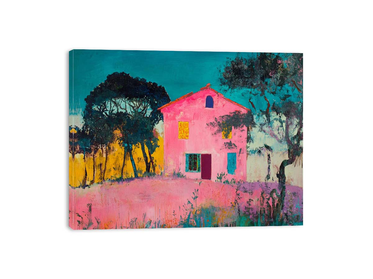 Bold pink villa painting with teal sky for eclectic modern wall decor.