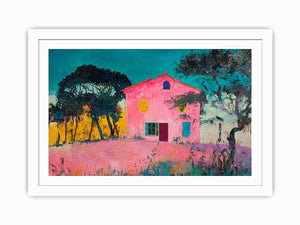 Bold pink villa painting with teal sky for eclectic modern wall decor.