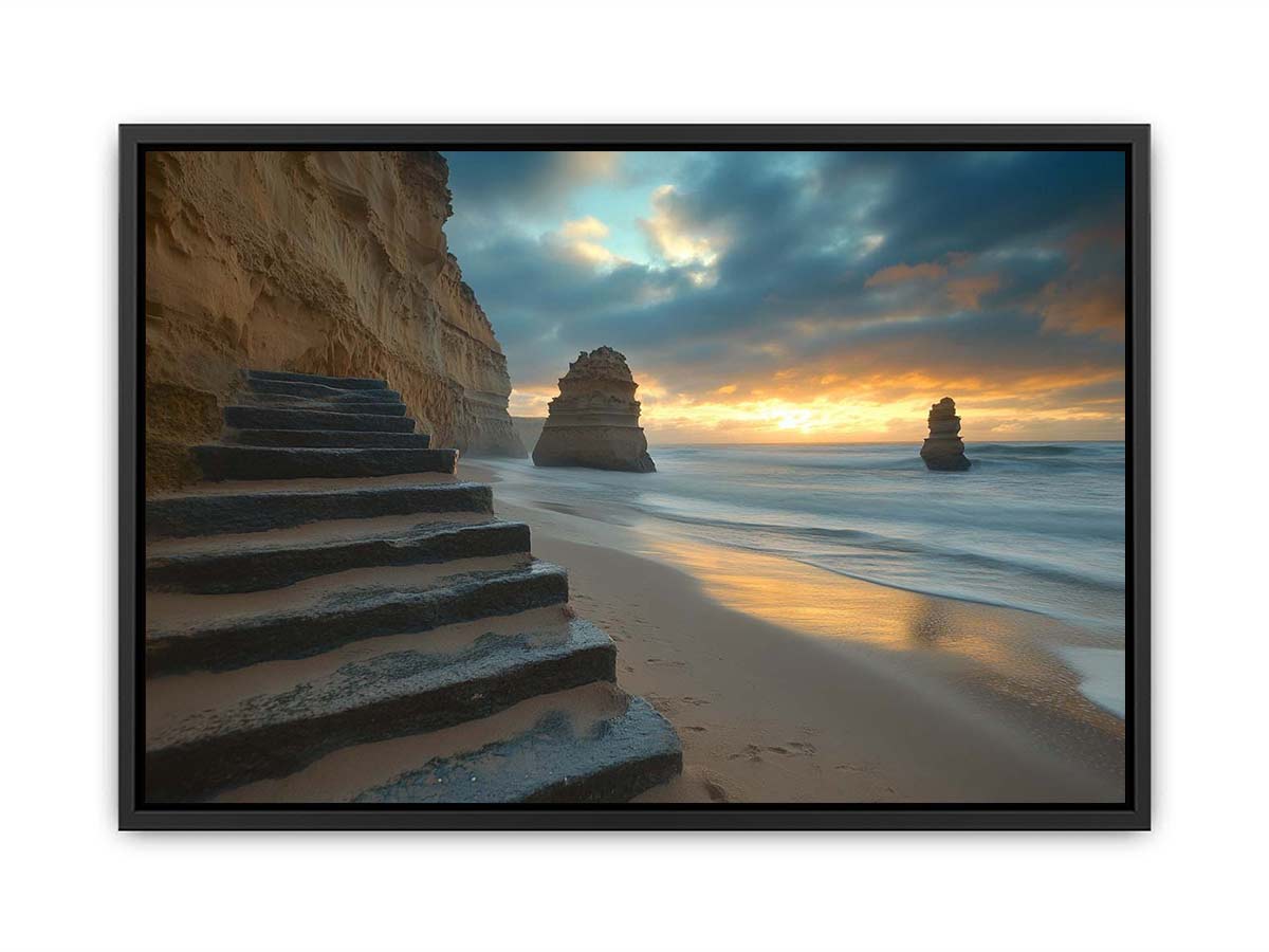 Moody coastal beach photograph with cliffs and stairs for luxury decor.