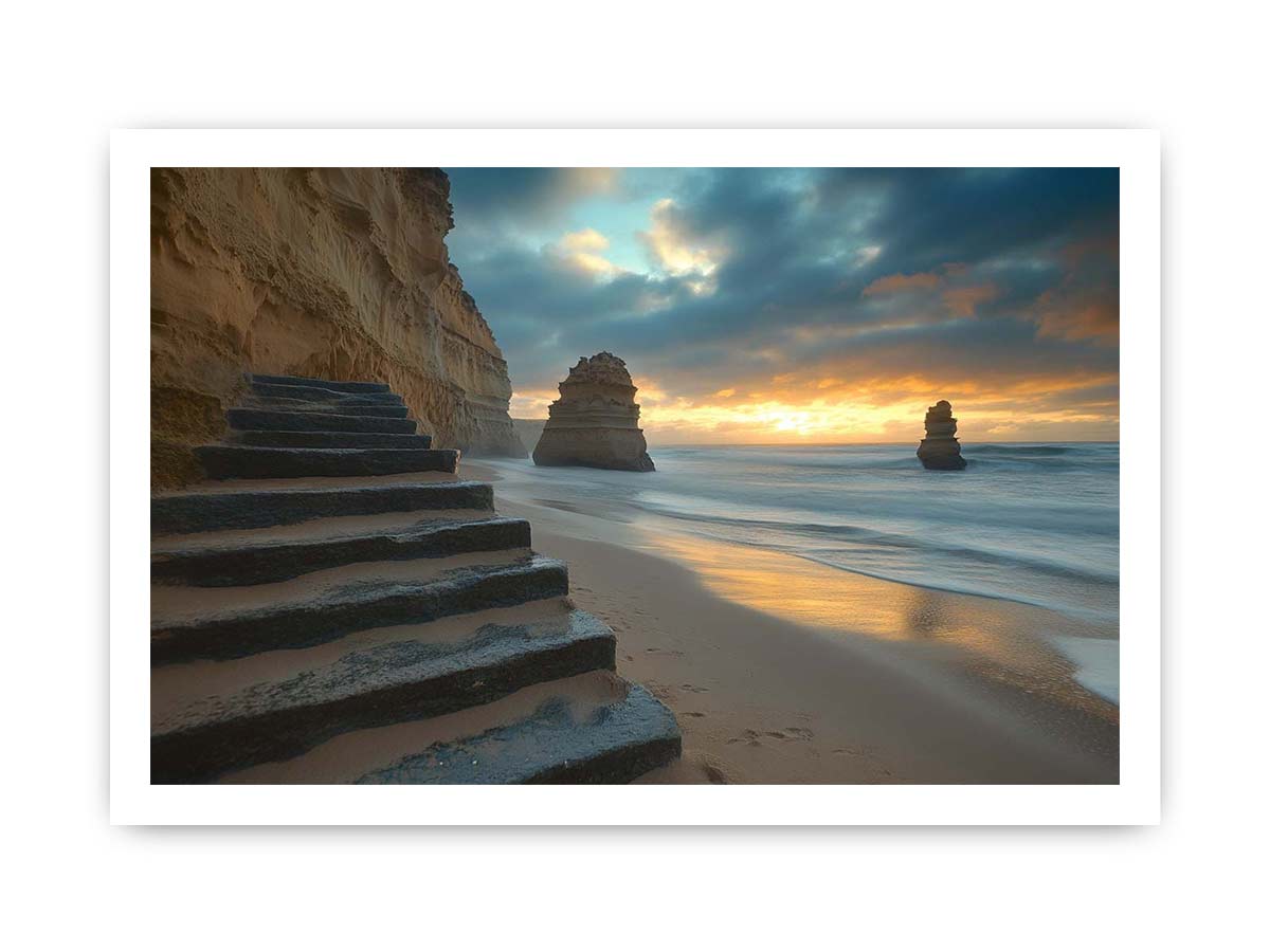 Moody coastal beach photograph with cliffs and stairs for luxury decor.