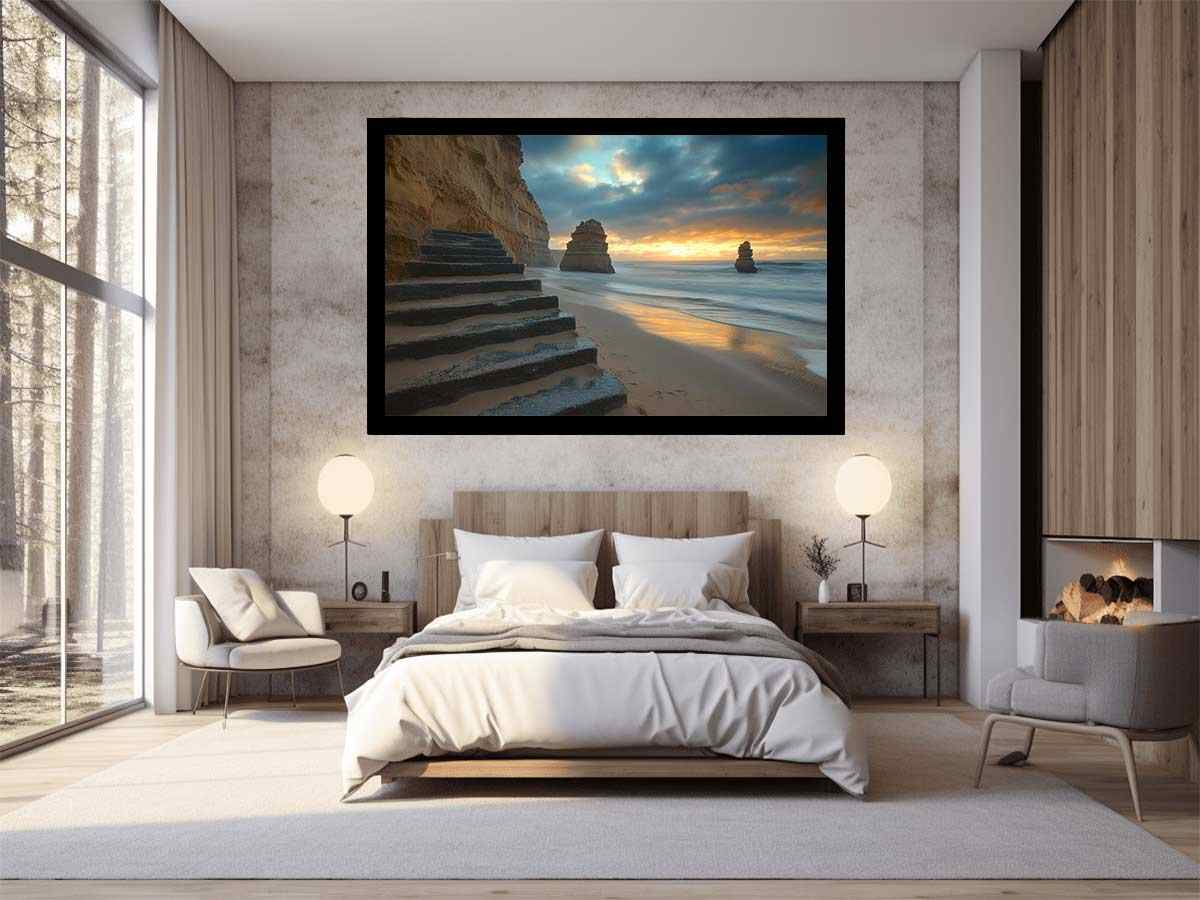 Moody coastal beach photograph with cliffs and stairs for luxury decor.