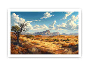Warm desert landscape with mountains and sky for earthy living room decor.