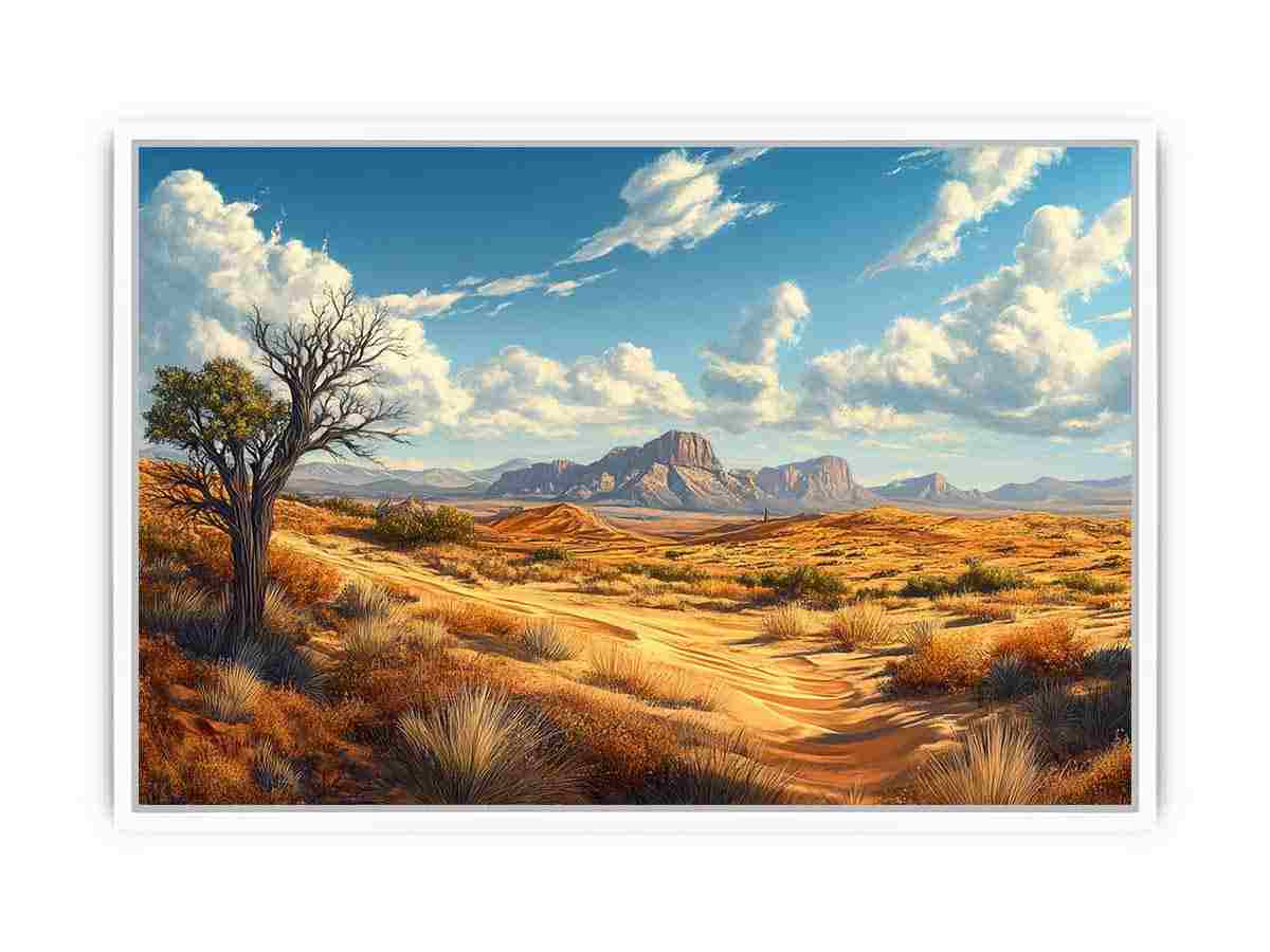 Warm desert landscape with mountains and sky for earthy living room decor.