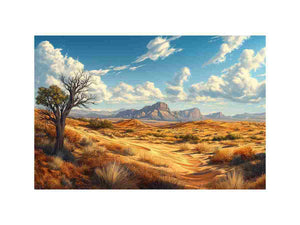 Warm desert landscape with mountains and sky for earthy living room decor.