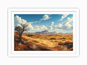 Warm desert landscape with mountains and sky for earthy living room decor.
