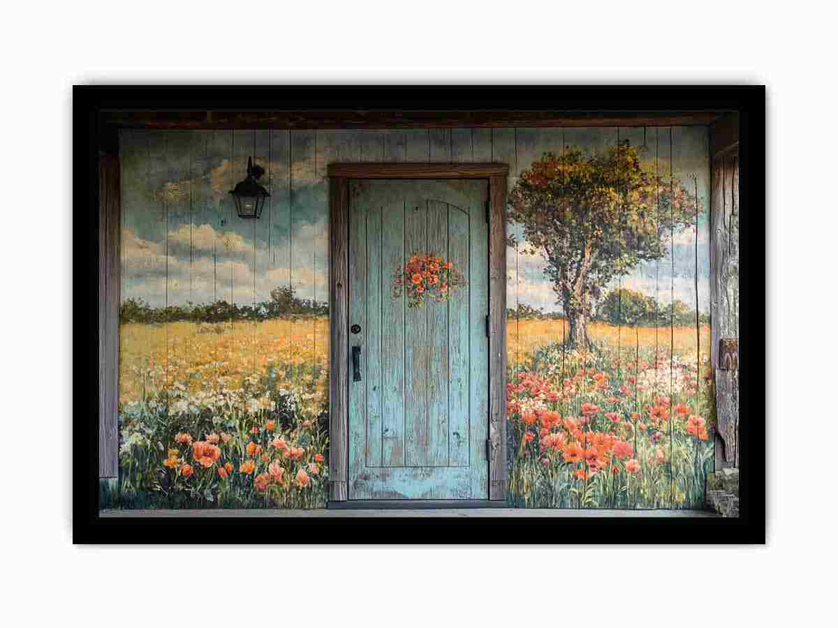 Rustic blue door with meadow flowers for cottage entryway wall decor.