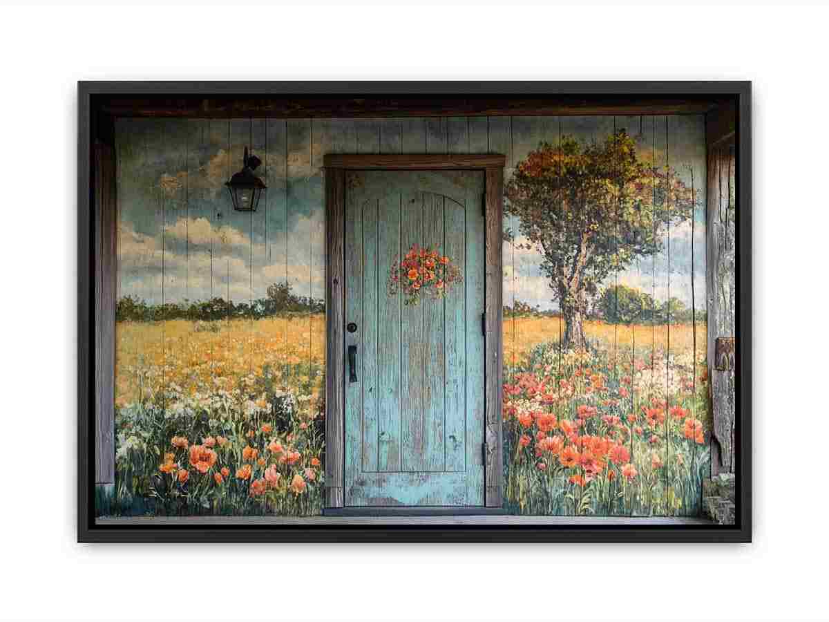 Rustic blue door with meadow flowers for cottage entryway wall decor.
