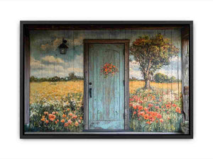 Rustic blue door with meadow flowers for cottage entryway wall decor.