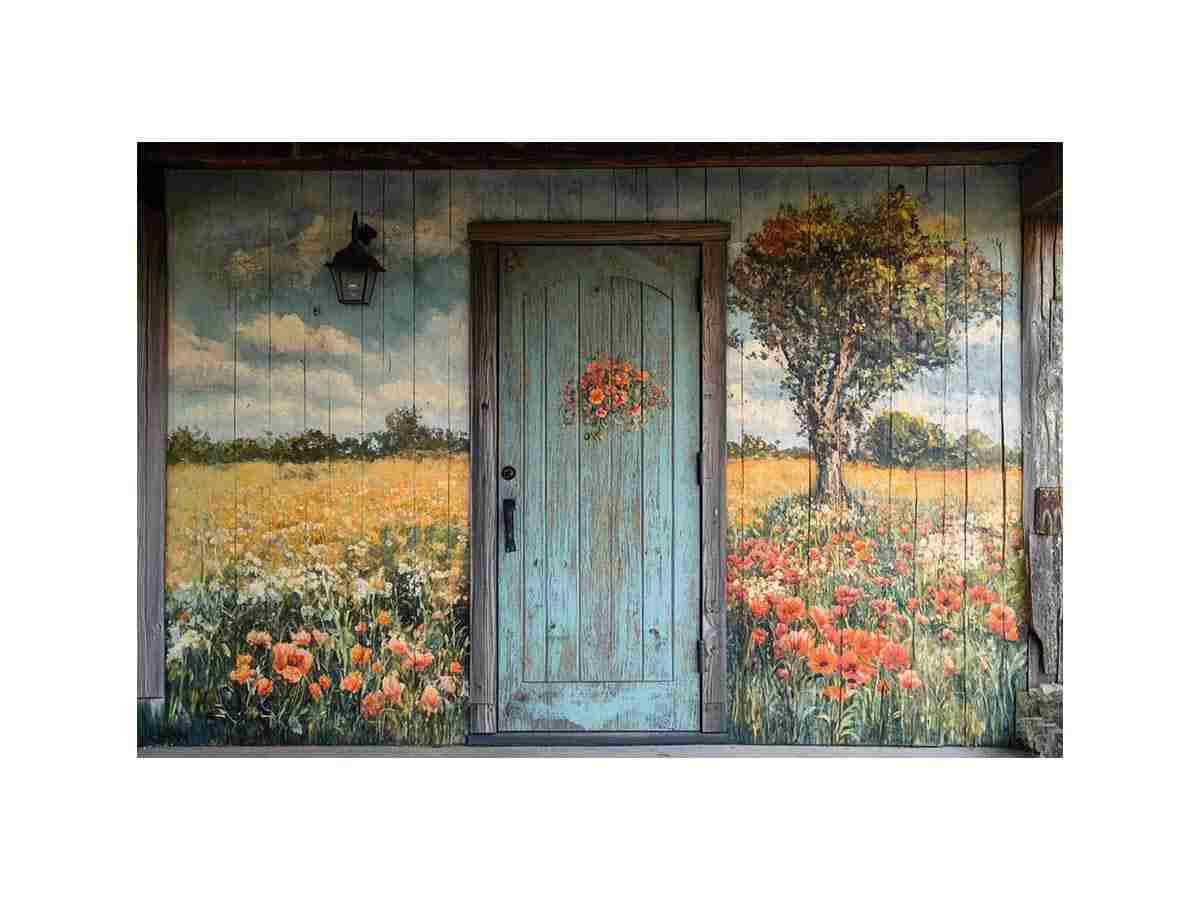 Rustic blue door with meadow flowers for cottage entryway wall decor.