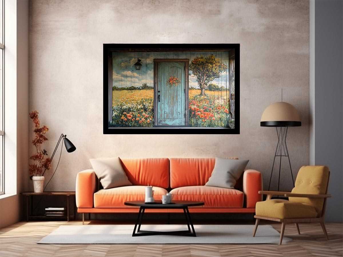 Rustic blue door with meadow flowers for cottage entryway wall decor.