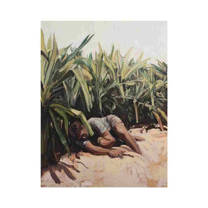 Figurative painting with tropical plants for earthy modern bedroom decor.
