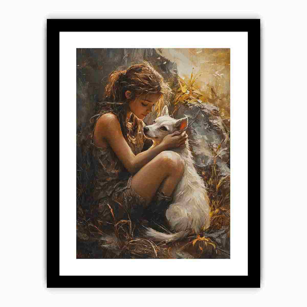 Warm girl and white dog painting for heartfelt bedroom wall art.