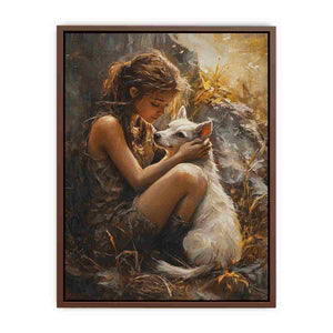 Warm girl and white dog painting for heartfelt bedroom wall art.