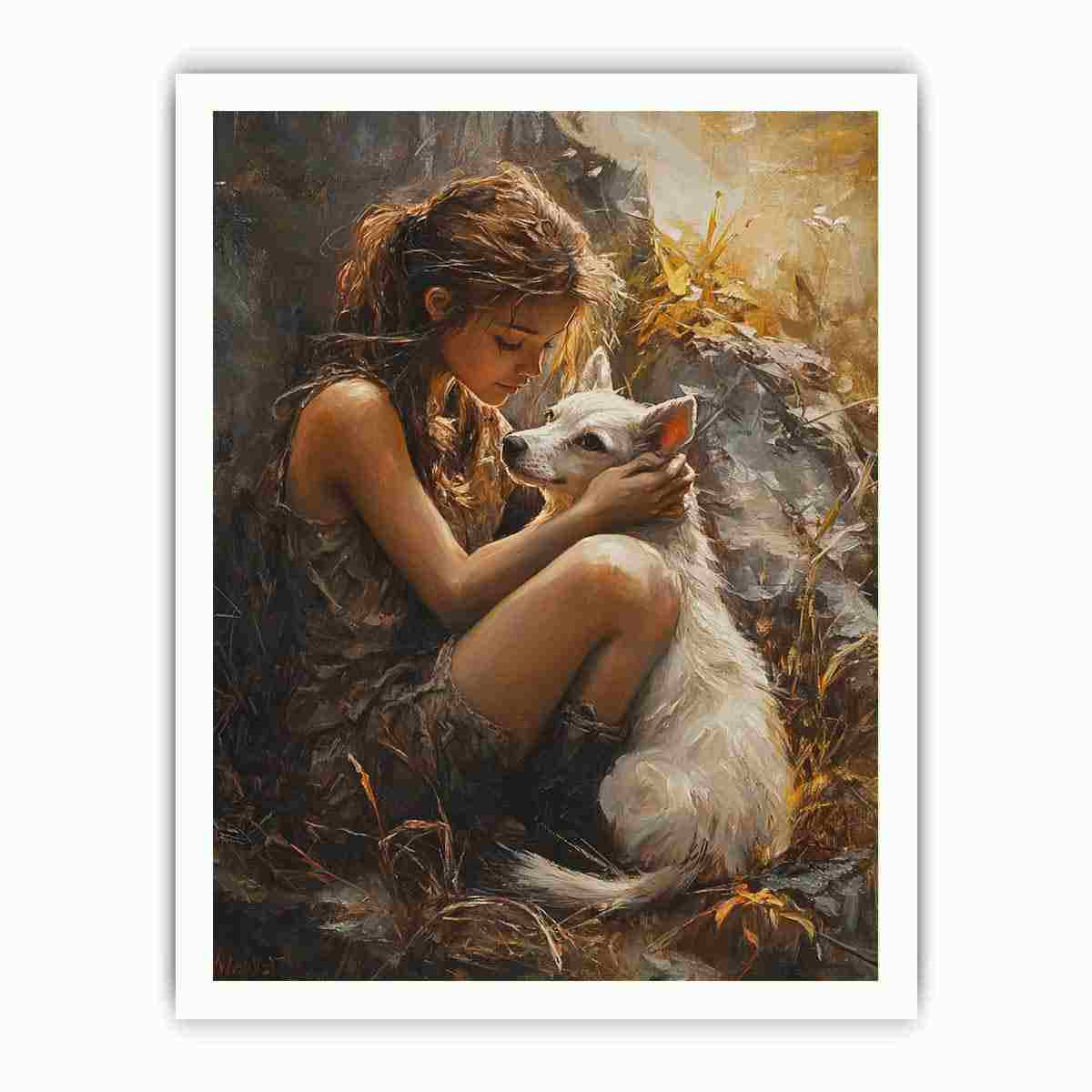 Warm girl and white dog painting for heartfelt bedroom wall art.