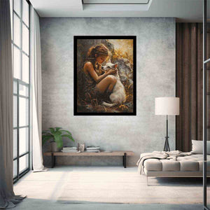 Warm girl and white dog painting for heartfelt bedroom wall art.