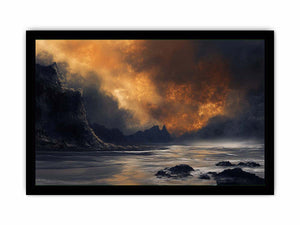 Dark stormy ocean landscape with glowing sky for moody luxury decor.
