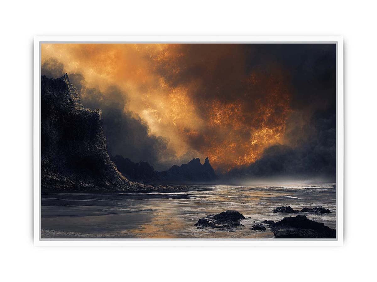 Dark stormy ocean landscape with glowing sky for moody luxury decor.