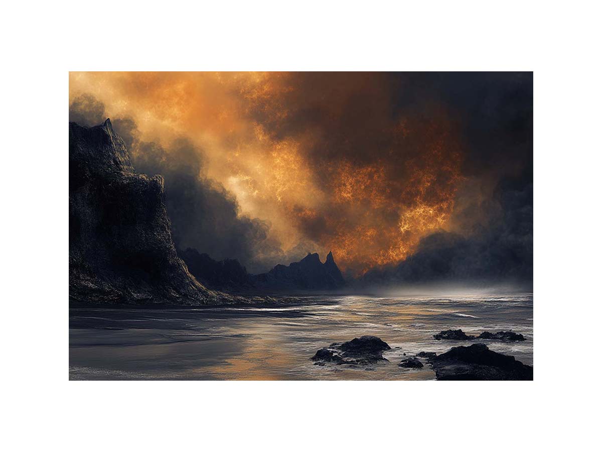 Dark stormy ocean landscape with glowing sky for moody luxury decor.