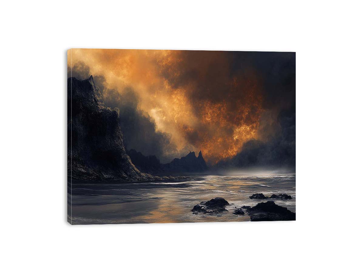 Dark stormy ocean landscape with glowing sky for moody luxury decor.