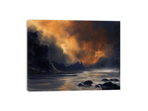Dark stormy ocean landscape with glowing sky for moody luxury decor.