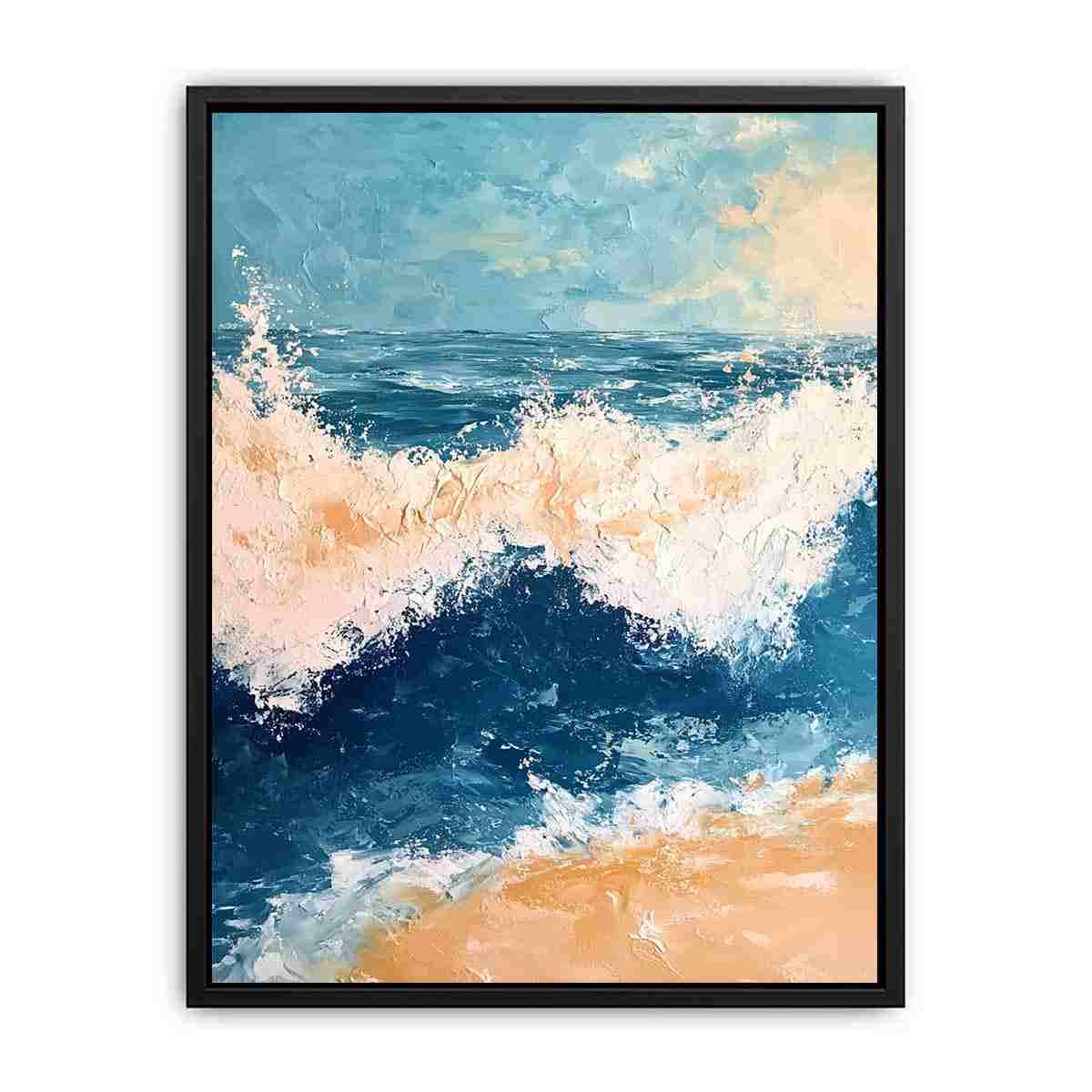 Textured blue ocean wave canvas for fresh coastal bathroom decor.
