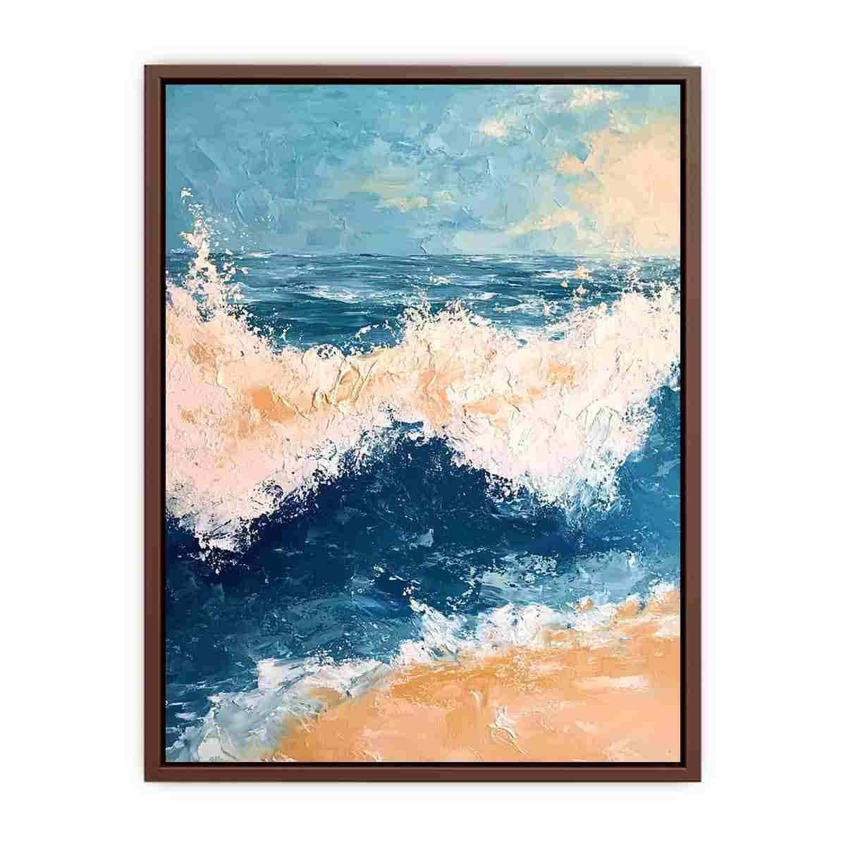 Textured blue ocean wave canvas for fresh coastal bathroom decor.