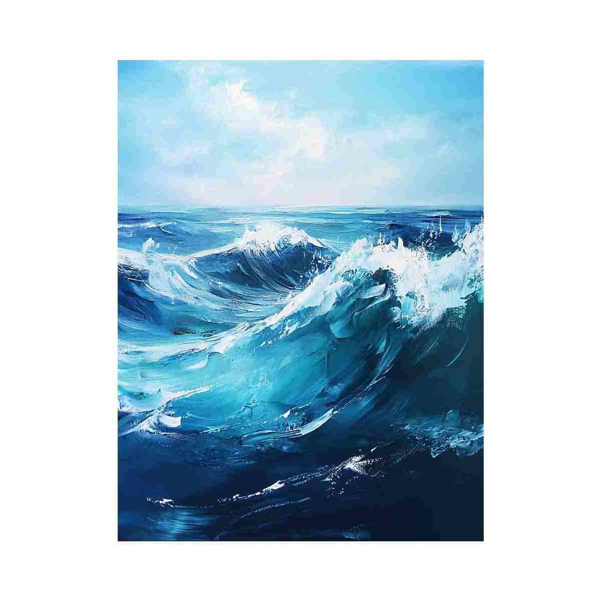 Large blue ocean wave canvas art for coastal living room decor.
