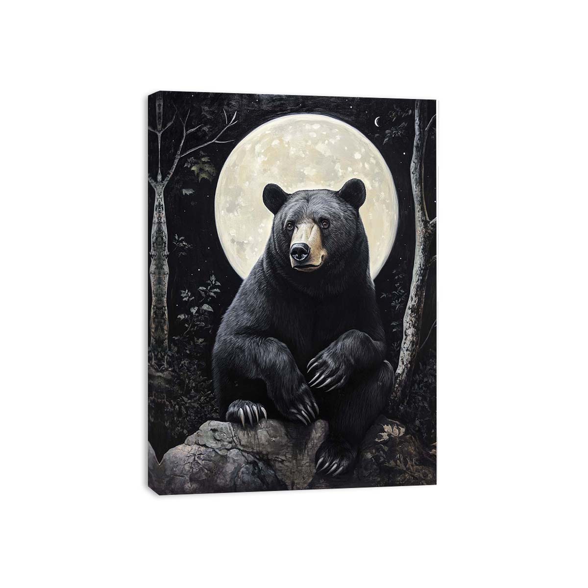 Black bear moon canvas art for rustic office or cabin decor.