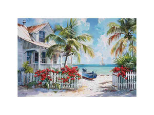 Tropical beach house canvas art for bright coastal living room decor.