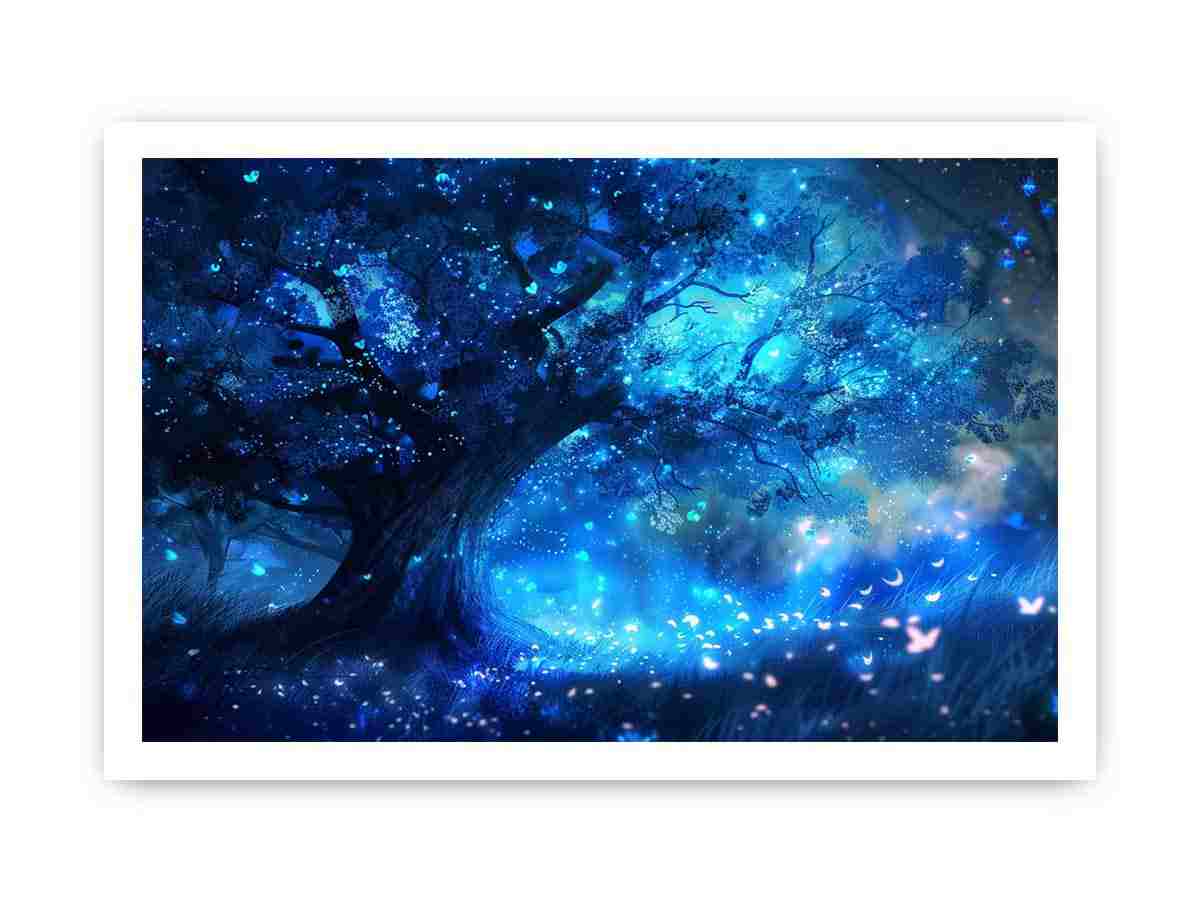 Blue fantasy forest canvas art for dreamy bedroom decor.