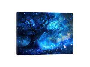 Blue fantasy forest canvas art for dreamy bedroom decor.