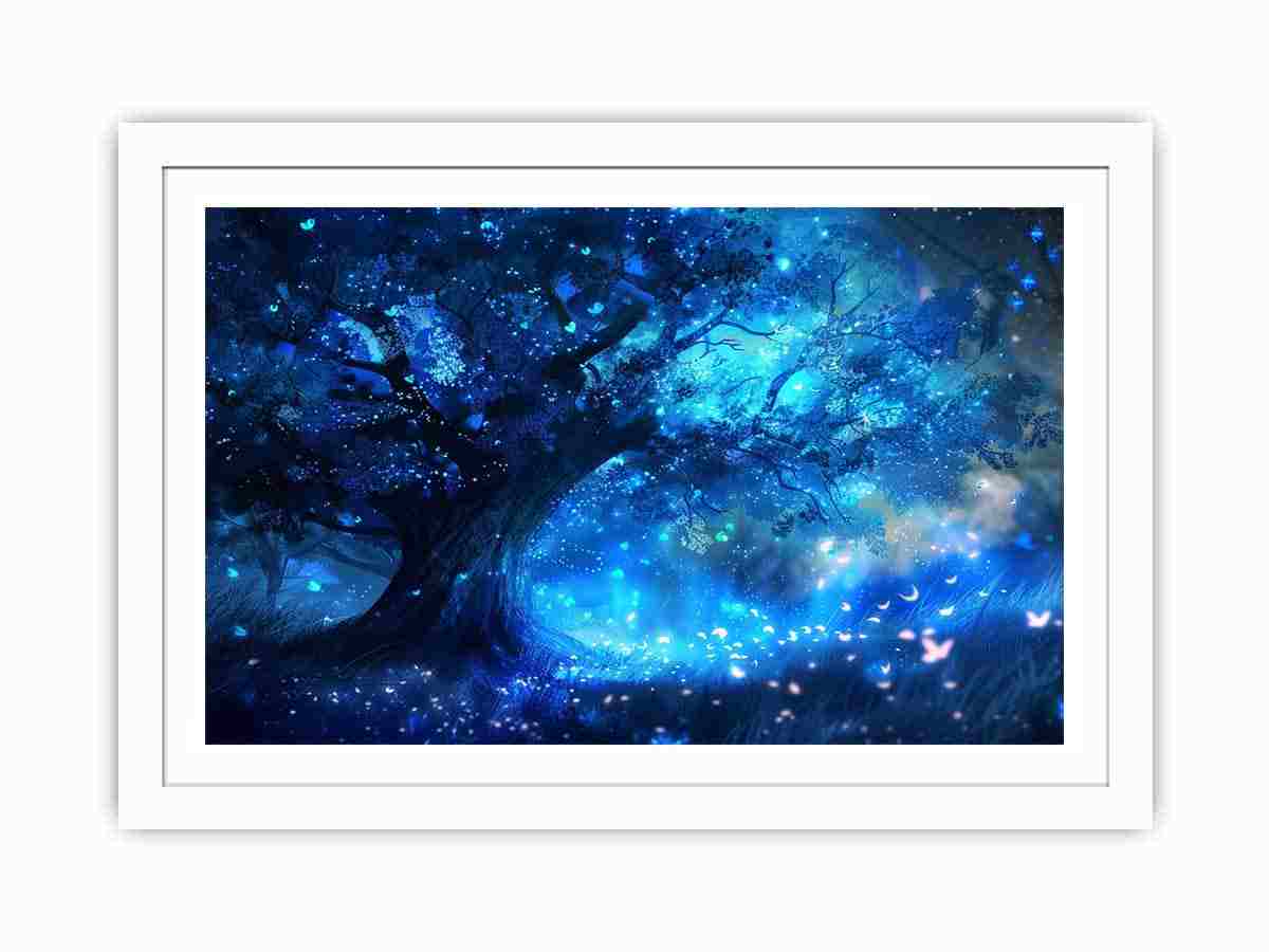 Blue fantasy forest canvas art for dreamy bedroom decor.
