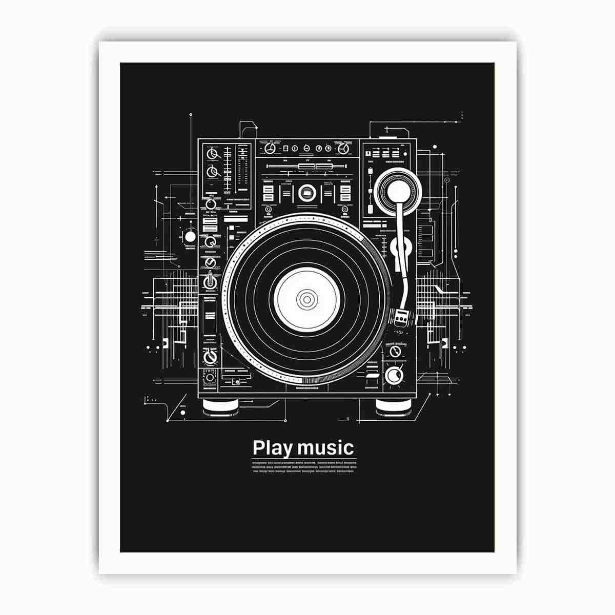 Black and white turntable canvas art for modern music room decor.