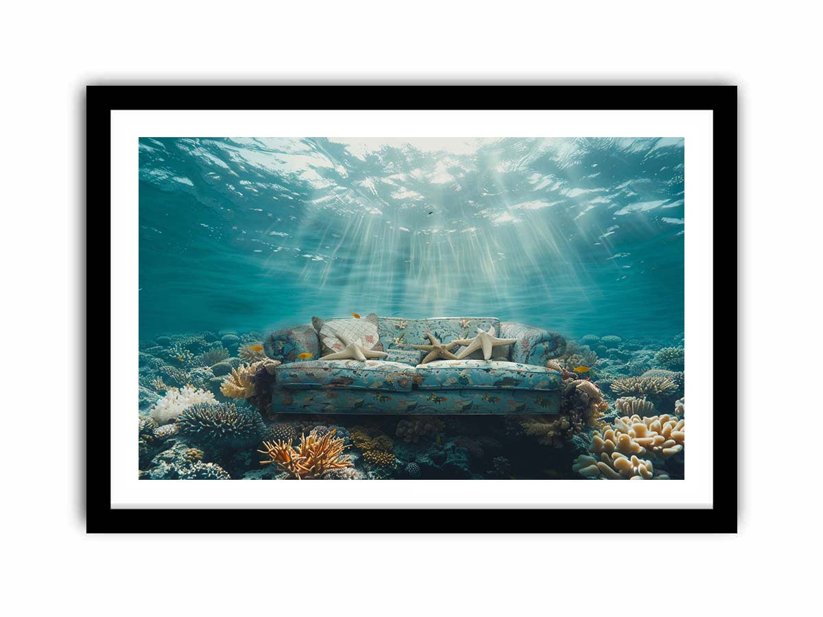 Surreal underwater sofa canvas art for coastal modern living room decor.