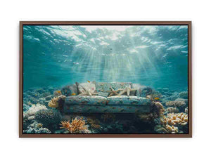 Surreal underwater sofa canvas art for coastal modern living room decor.