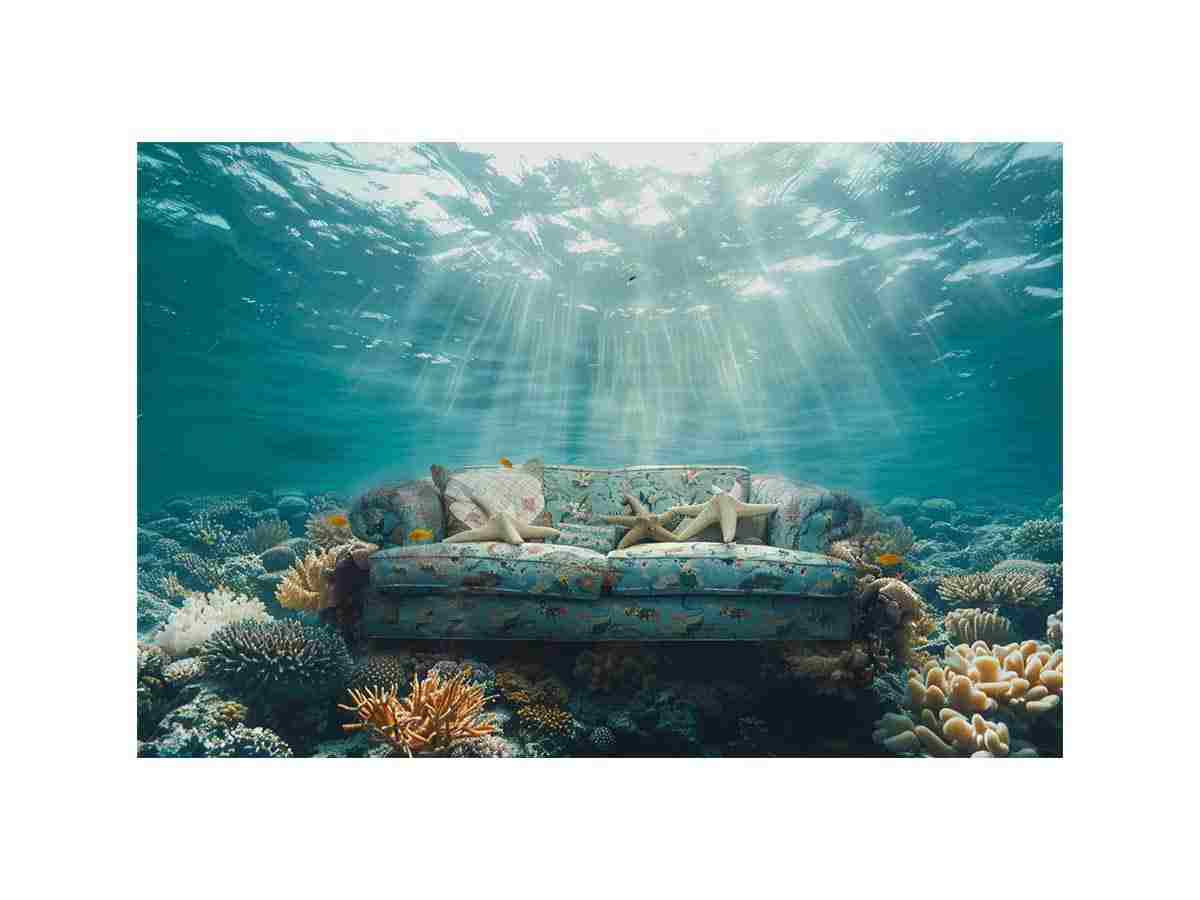 Surreal underwater sofa canvas art for coastal modern living room decor.