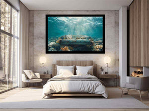 Surreal underwater sofa canvas art for coastal modern living room decor.
