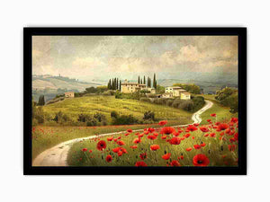 Tuscan poppy landscape canvas art for rustic dining room decor.