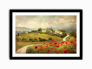 Tuscan poppy landscape canvas art for rustic dining room decor.