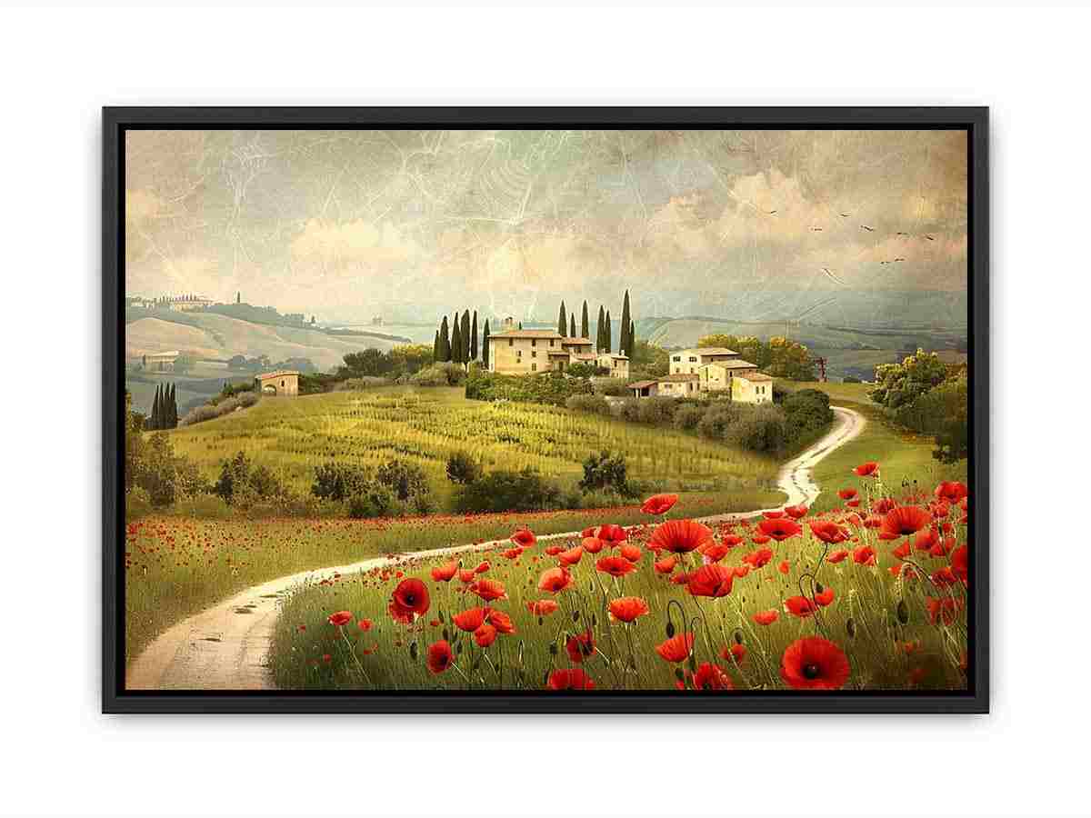 Tuscan poppy landscape canvas art for rustic dining room decor.